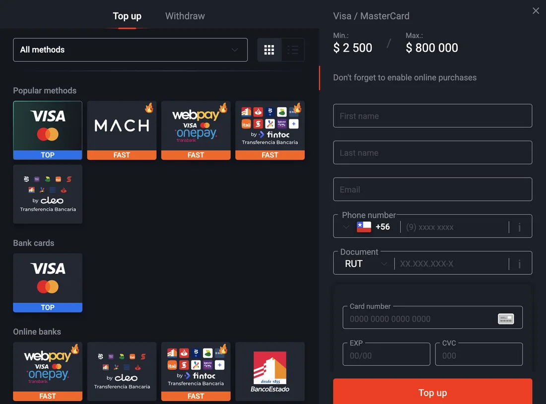 Caja de depósito de Pin Up Chile con Webpay, MACH, fintoc, cleo, BancoEstado y Visa/Mastercard