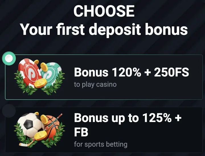 Selector de bono de primer depósito de Pin Up: 120% más 250 giros para casino o hasta 125% más free bet para deportes